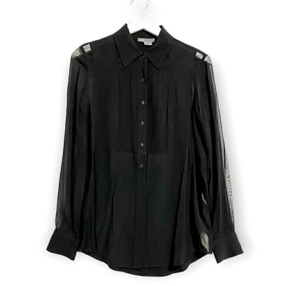Vince tuxedo style black chiffon blouse with pintuck/pleats, size 2